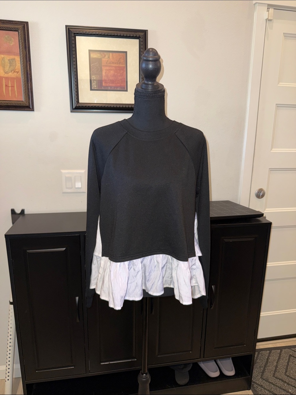 Black Layered Pullover Sweatshirt with White Ruffle Hem